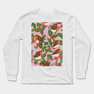 Paper cut robins in a holly tree repeat pattern Long Sleeve T-Shirt